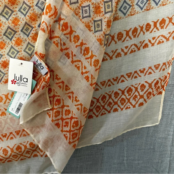 Lulla gauze extra larger scarf orange beige and blue measures 34ish” by 70ish - Picture 5 of 12